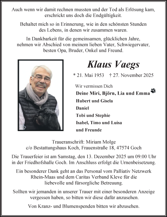 Traueranzeige von Klaus Vaegs von Rheinische Post