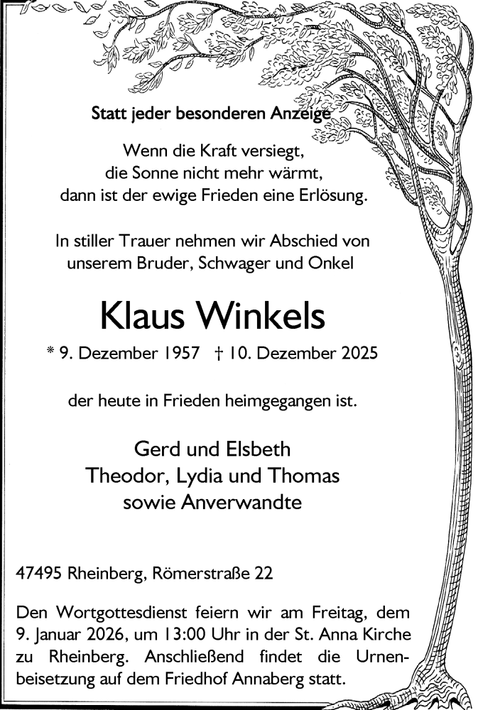 Traueranzeige für Klaus Winkels vom 03.01.2026 aus Rheinische Post