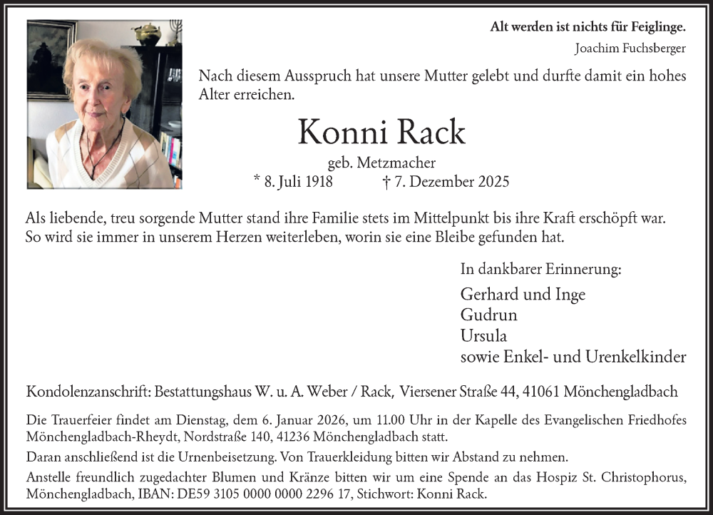  Traueranzeige für Konni Rack vom 27.12.2025 aus Rheinische Post