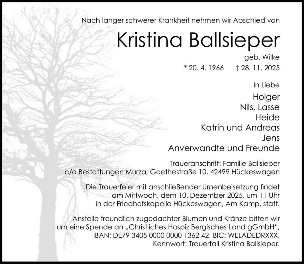  Traueranzeige für Kristina Ballsieper vom 06.12.2025 aus Rheinische Post