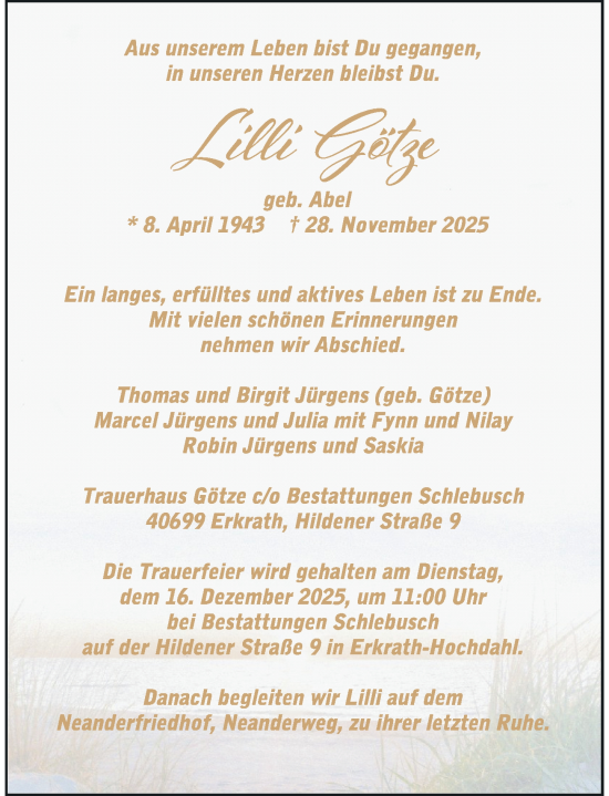 Traueranzeige von Lilli Götze von Rheinische Post