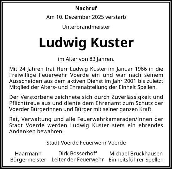 Traueranzeige von Ludwig Kuster von Rheinische Post