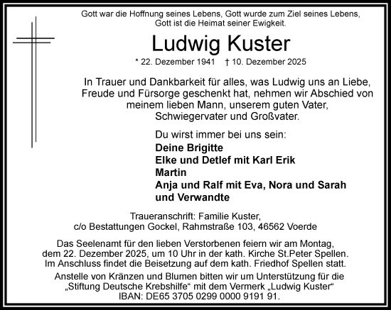 Traueranzeige von Ludwig Kuster von Rheinische Post