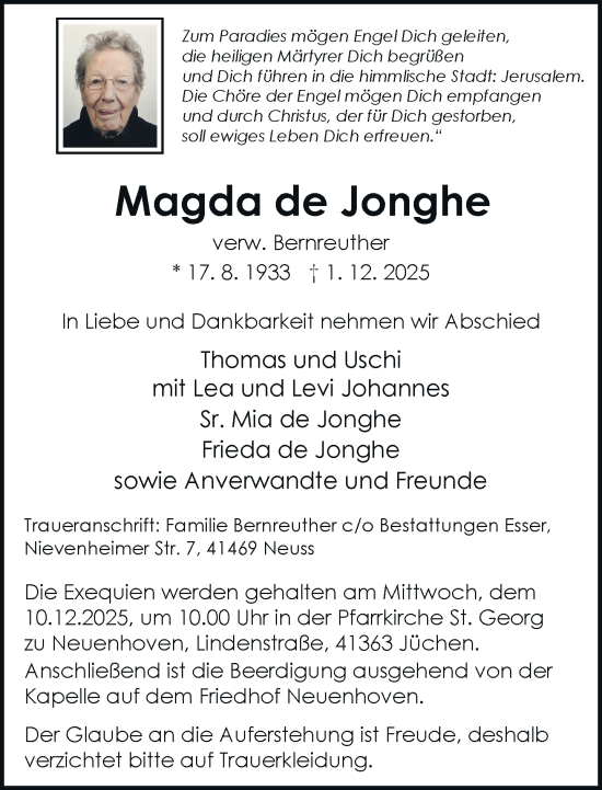 Traueranzeige von Magda de Jonghe von Rheinische Post
