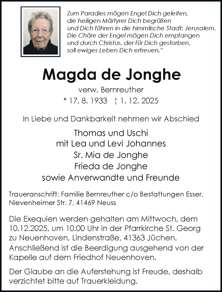  Traueranzeige für Magda de Jonghe vom 06.12.2025 aus Rheinische Post