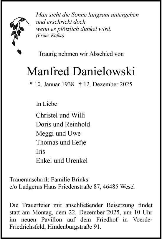 Traueranzeige von Manfred Danielowski von Rheinische Post