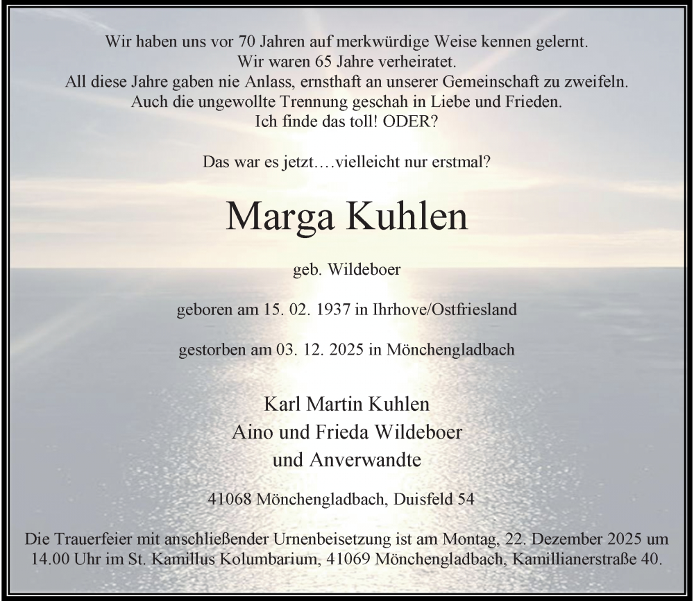  Traueranzeige für Marga Kuhlen vom 13.12.2025 aus Rheinische Post