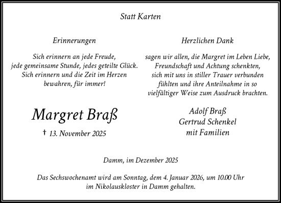 Traueranzeige von Margret Braß von Rheinische Post
