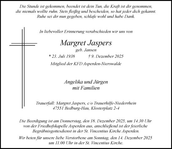 Traueranzeige von Margret Jaspers von Rheinische Post
