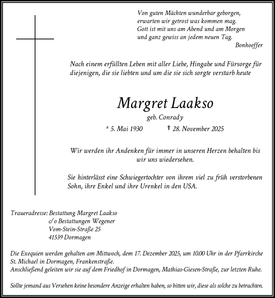 Traueranzeige von Margret Laakso von Rheinische Post