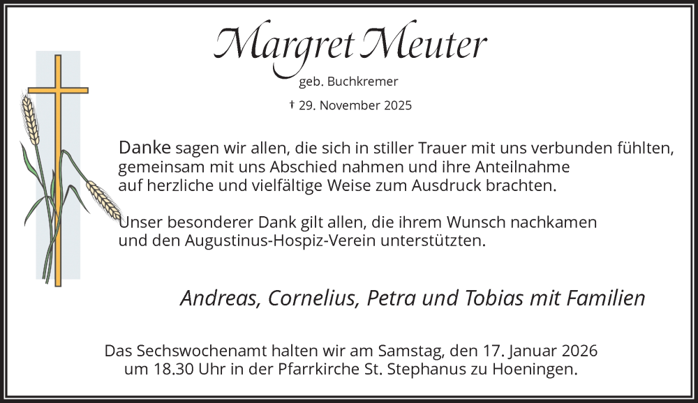 Traueranzeige für Margret Meuter vom 10.01.2026 aus Rheinische Post