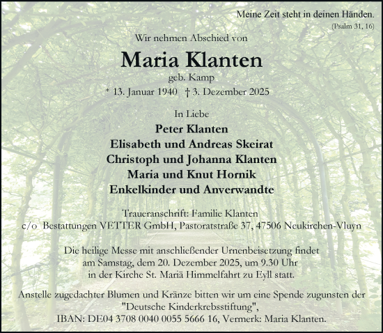 Traueranzeige von Maria Klanten von Rheinische Post