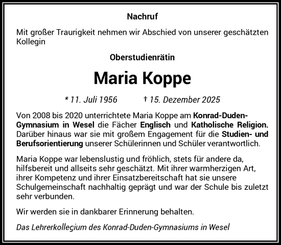 Traueranzeige von Maria Koppe von Rheinische Post