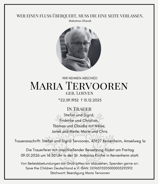 Traueranzeige von Maria Tervooren von Rheinische Post