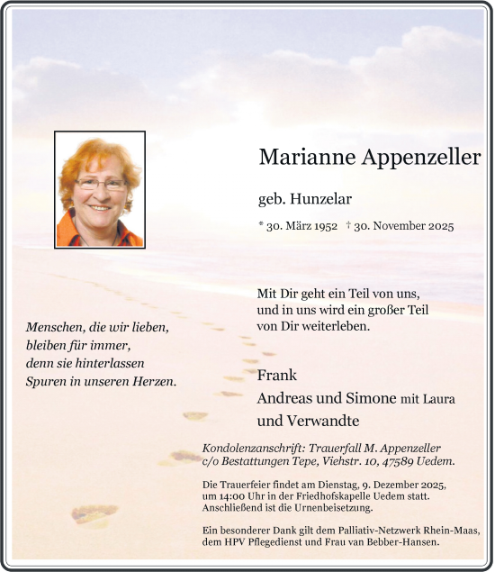 Traueranzeige von Marianne Appenzeller von Rheinische Post