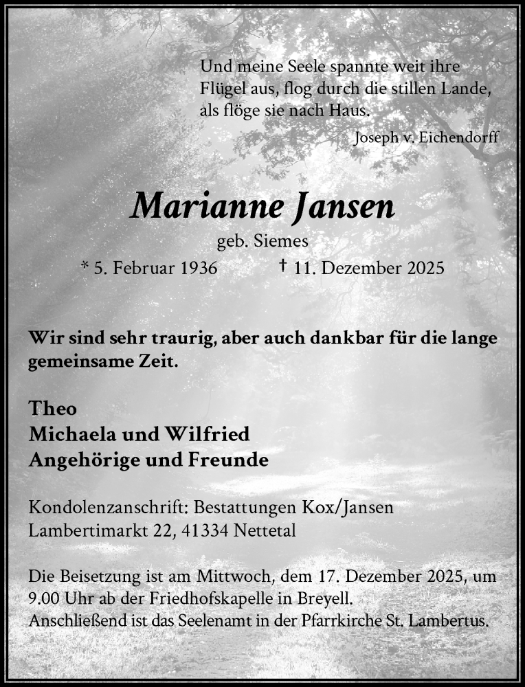  Traueranzeige für Marianne Jansen vom 13.12.2025 aus Rheinische Post