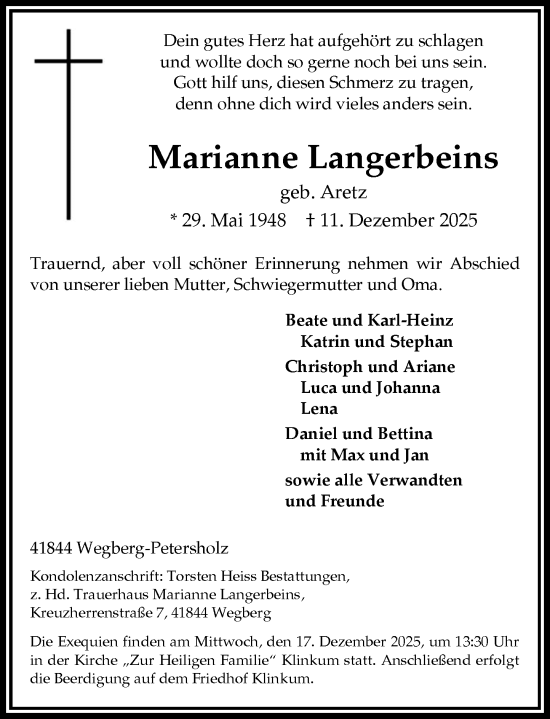 Traueranzeige von Marianne Langerbeins von Rheinische Post