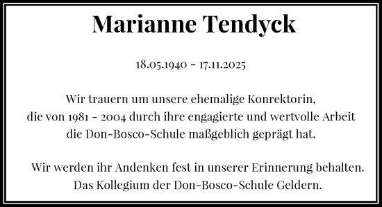 Traueranzeige von Marianne Tendyck von Rheinische Post