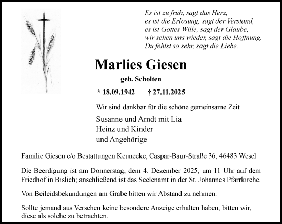 Traueranzeige von Marlies Giesen von Rheinische Post