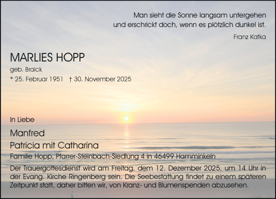 Traueranzeige von Marlies Hopp von Rheinische Post