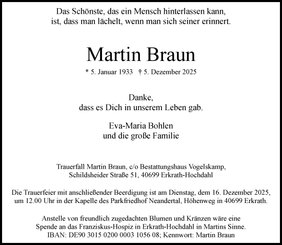 Traueranzeige von Martin Braun von Rheinische Post