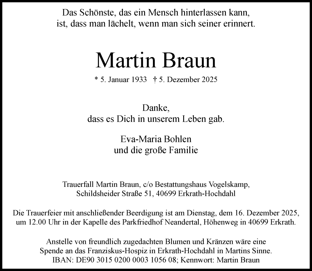  Traueranzeige für Martin Braun vom 13.12.2025 aus Rheinische Post