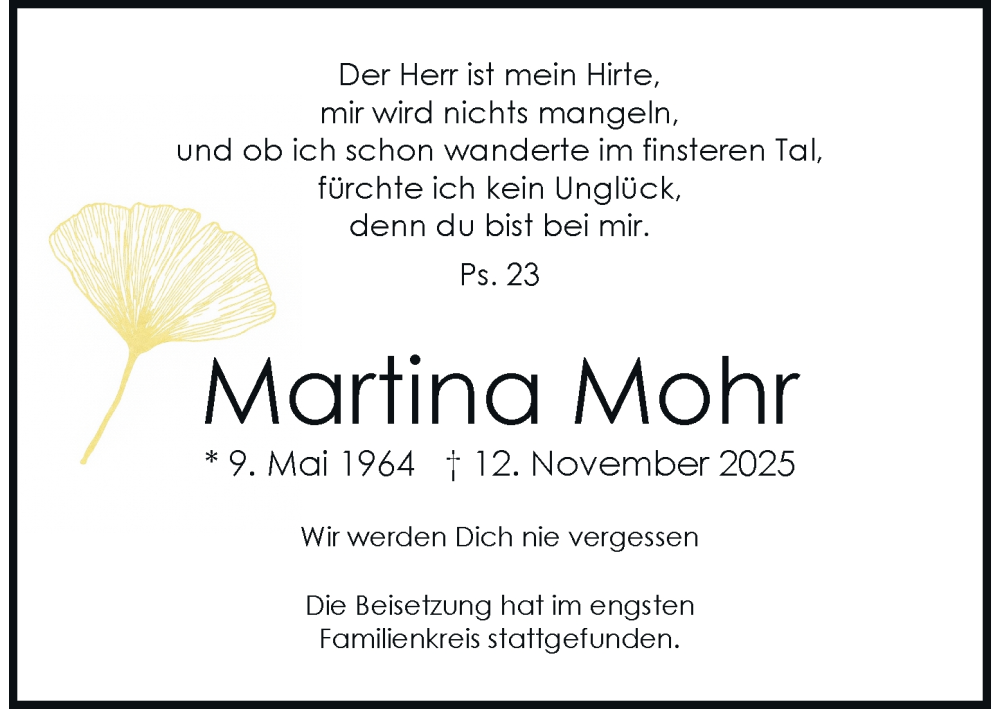  Traueranzeige für Martina Mohr vom 03.01.2026 aus Rheinische Post