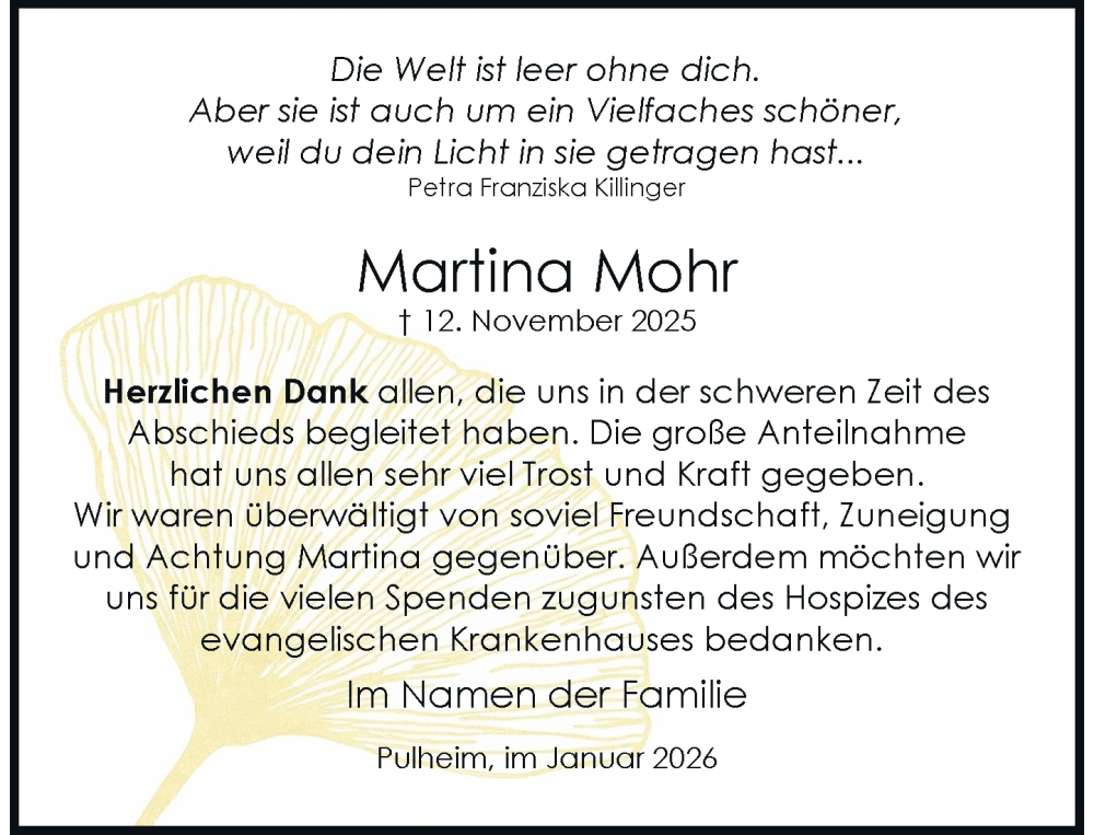  Traueranzeige für Martina Mohr vom 17.01.2026 aus Rheinische Post