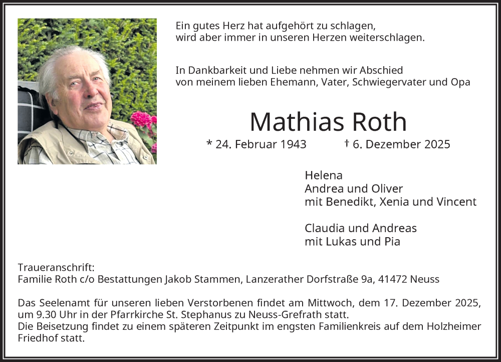  Traueranzeige für Mathias Roth vom 13.12.2025 aus Rheinische Post