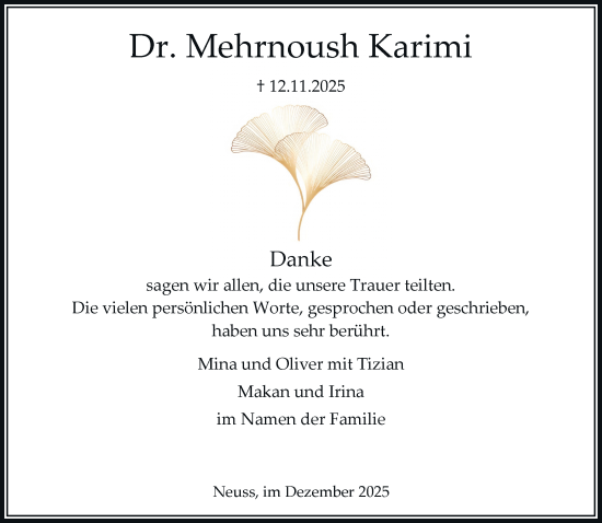 Traueranzeige von Mehrnoush Karimi von Rheinische Post