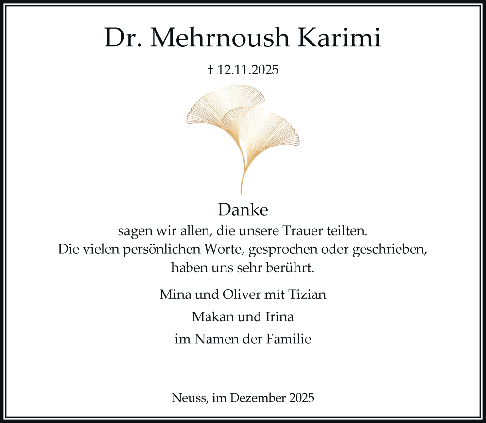 Traueranzeige für Mehrnoush Karimi vom 20.12.2025 aus Rheinische Post