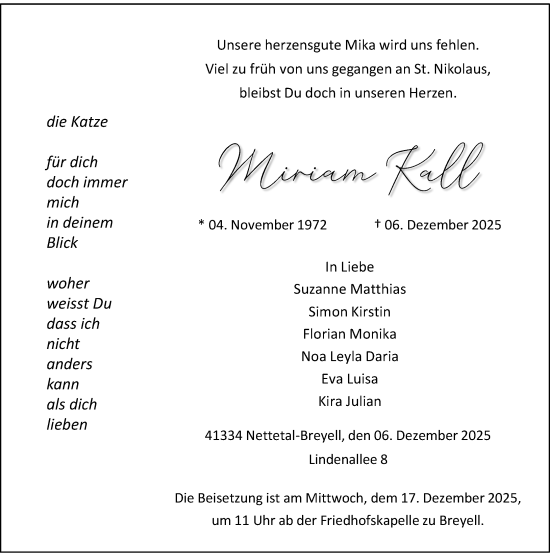 Traueranzeige von Miriam Kall von Rheinische Post