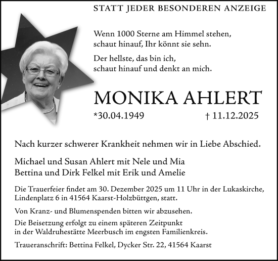 Traueranzeige von Monika Ahlert von Rheinische Post