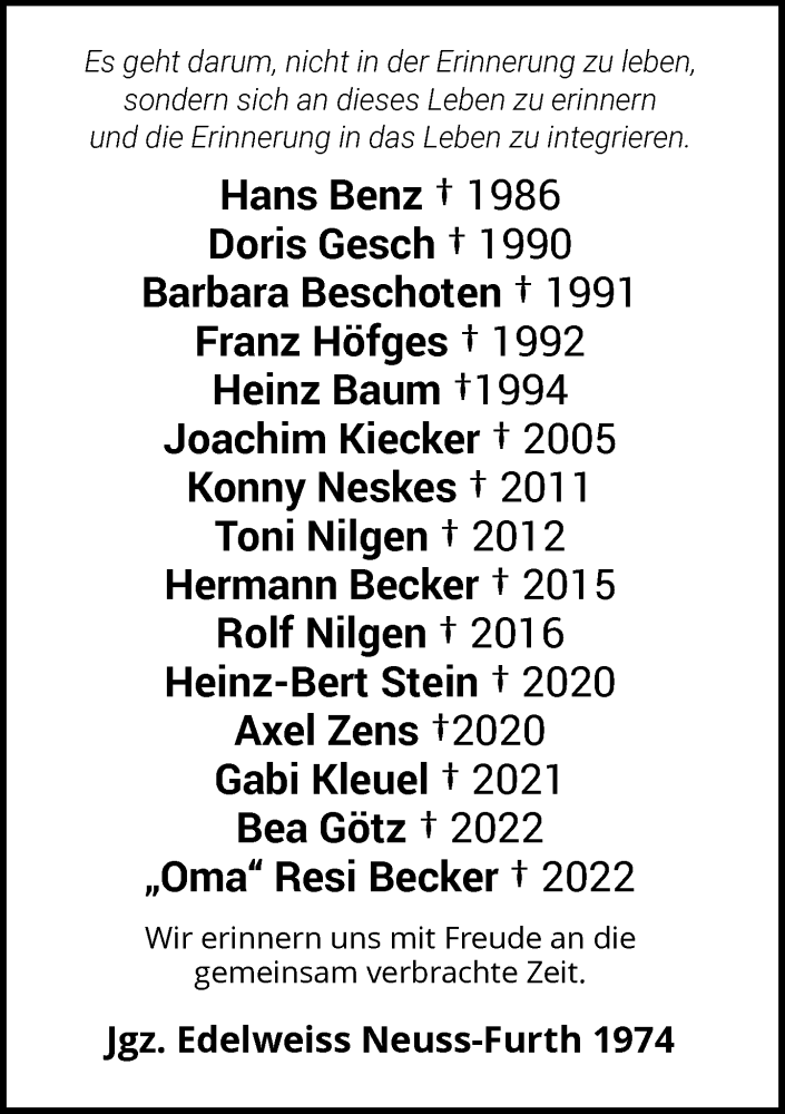  Traueranzeige für Nachruf Jgz. Edelweiss Neuss-Furth 1974 vom 20.12.2025 aus Rheinische Post