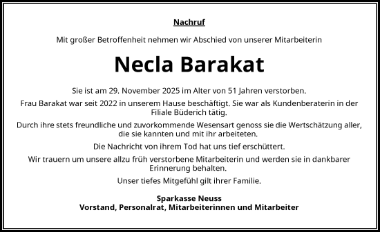 Traueranzeige von Necla Barakat von Rheinische Post