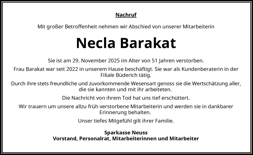  Traueranzeige für Necla Barakat vom 13.12.2025 aus Rheinische Post