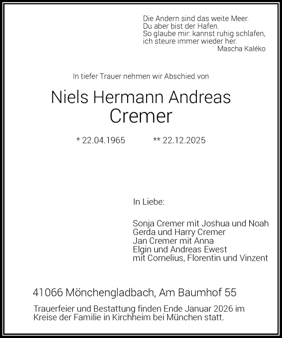 Traueranzeige von Niels Hermann Andreas Cremer von Rheinische Post
