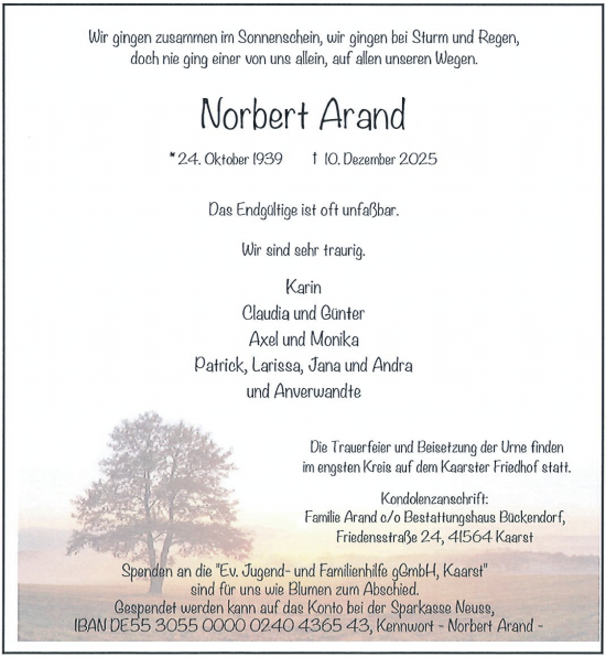 Traueranzeige von Norbert Arand von Rheinische Post