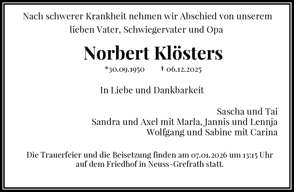  Traueranzeige für Norbert Klösters vom 03.01.2026 aus Rheinische Post