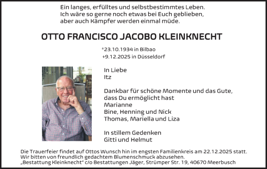 Traueranzeige von Otto Francisco Jacobo Kleinknecht von Rheinische Post