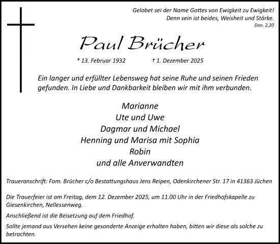Traueranzeige von Paul Brücher von Rheinische Post