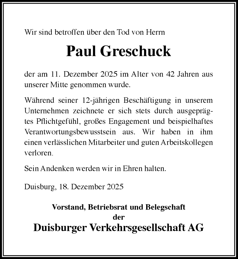  Traueranzeige für Paul Greschuck vom 18.12.2025 aus Rheinische Post