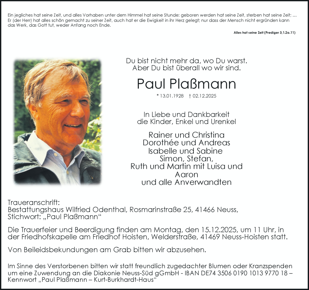  Traueranzeige für Paul Plaßmann vom 13.12.2025 aus Rheinische Post