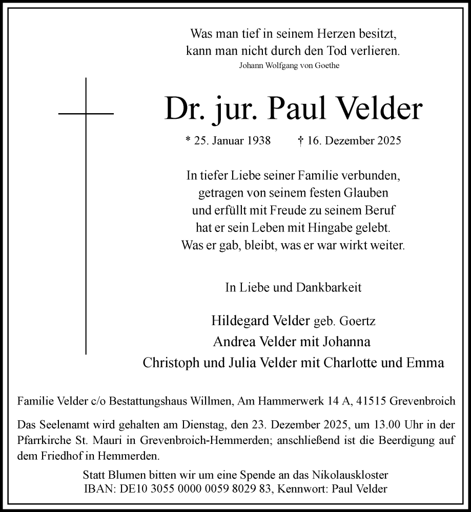  Traueranzeige für Paul Velder vom 20.12.2025 aus Rheinische Post