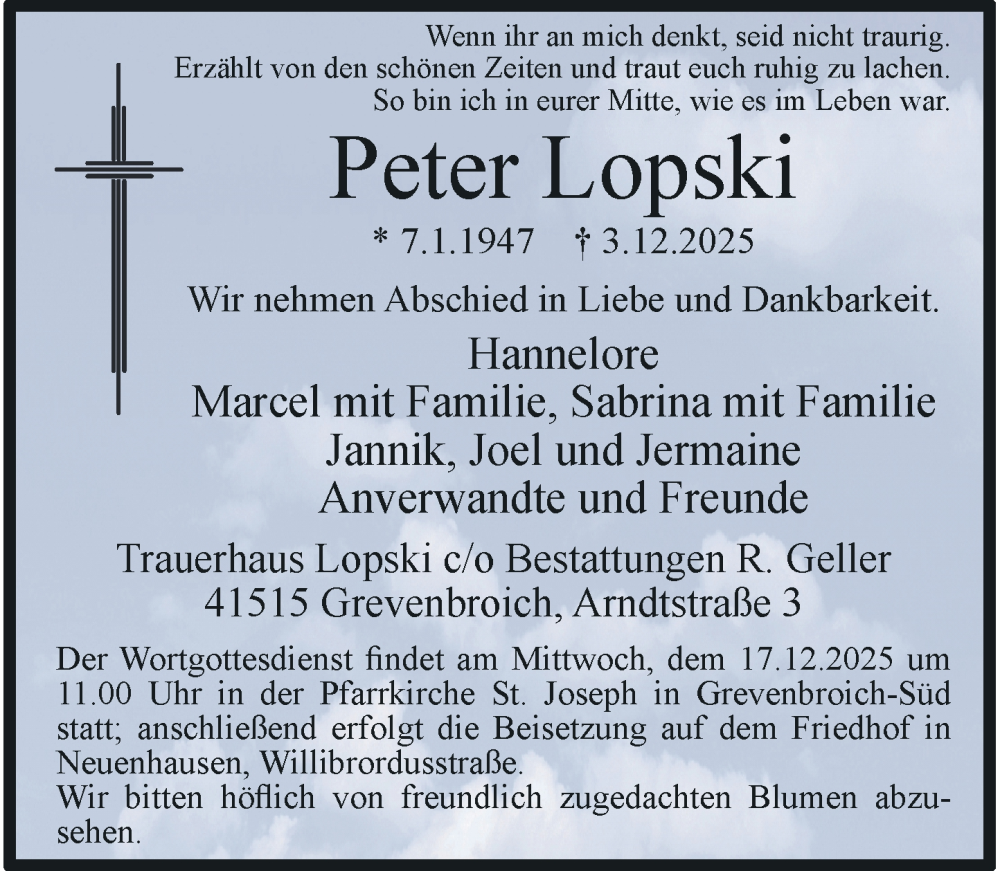  Traueranzeige für Peter Lopski vom 15.12.2025 aus Rheinische Post
