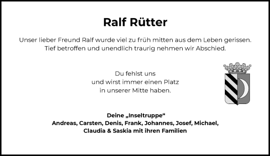 Traueranzeige von Ralf Rütter von Rheinische Post