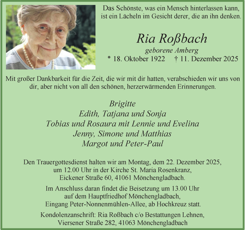  Traueranzeige für Ria Roßbach vom 20.12.2025 aus Rheinische Post