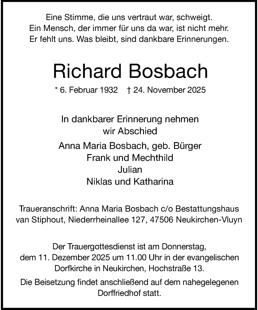  Traueranzeige für Richard Bosbach vom 06.12.2025 aus Rheinische Post