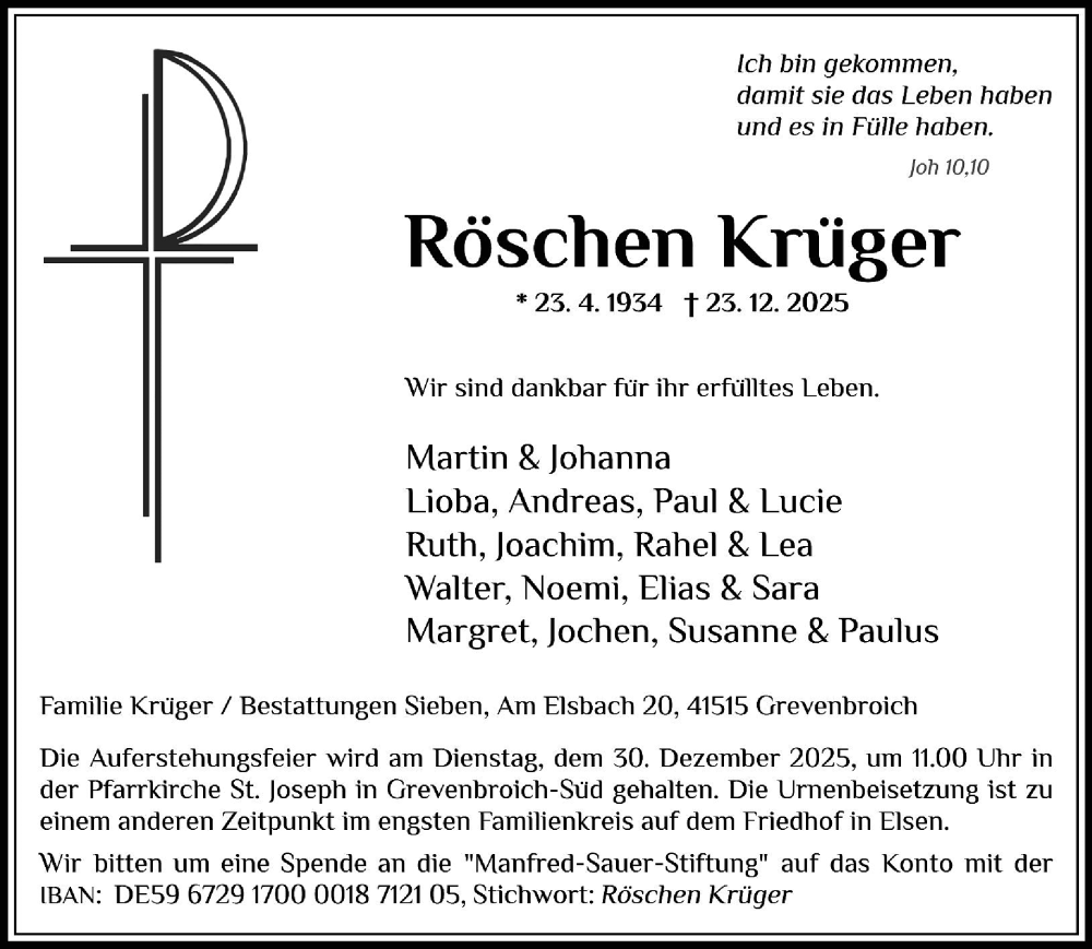  Traueranzeige für Röschen Krüger vom 27.12.2025 aus Rheinische Post