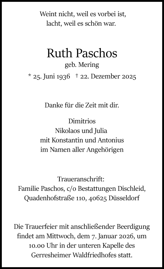 Traueranzeige von Ruth Paschos von Rheinische Post